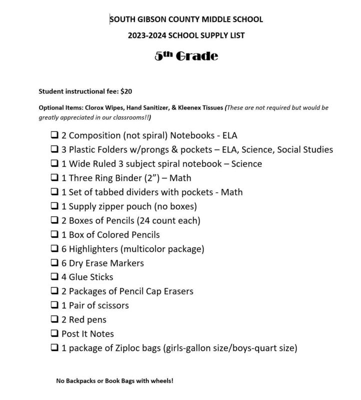 20232024 School Supply List South Gibson Co. Middle School