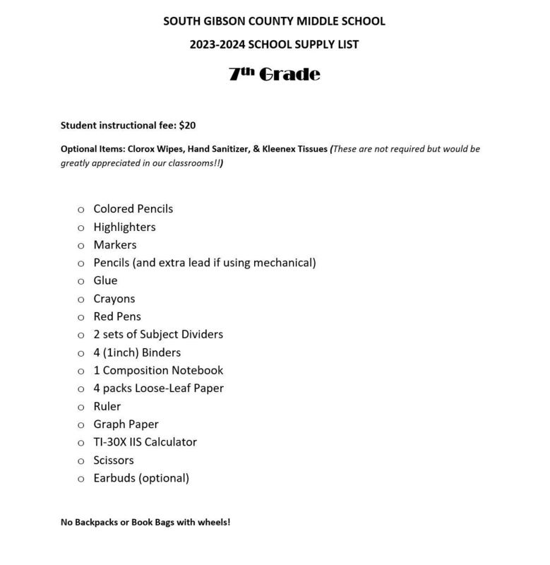 20232024 School Supply List South Gibson Co. Middle School