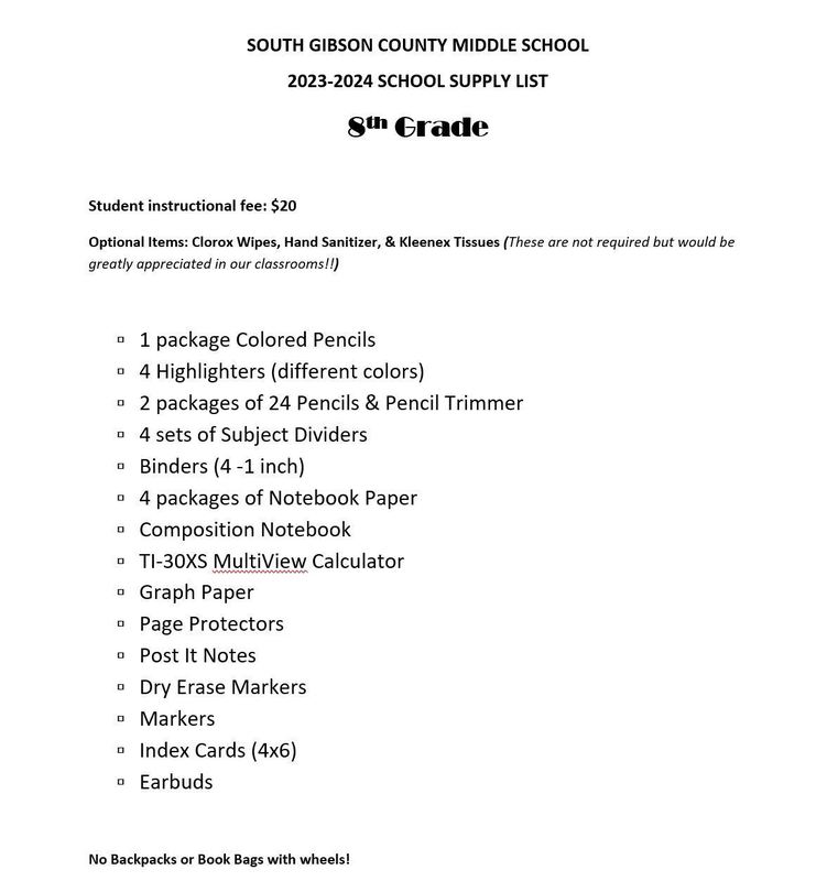 2023 2024 School Supply List South Gibson Co Middle School   Content 8th Grade School Supply List.JPG